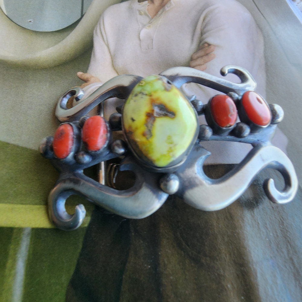 Chimney Butte Sterling Silver and Palomino & Coral Stone Belt Buckle - Picture 4 of 14